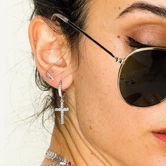European and american high-end s925 sterling silver ins cross earrings, full zircon personalized stud earrings, trendy and versatile for men and women