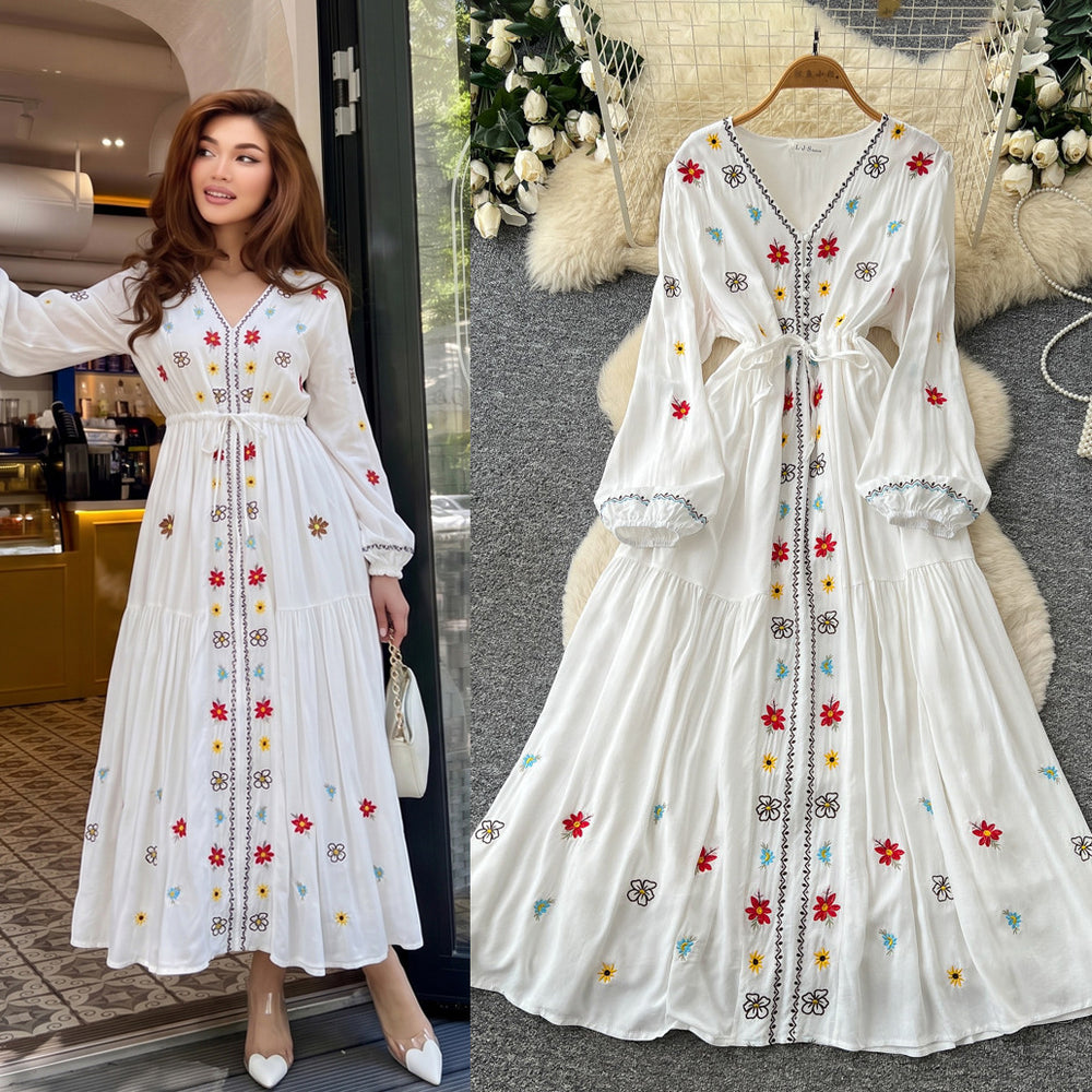 Ethnic embroidered tie-waist dress - women's summer long sleeve v-neck a-line maxi dress - elegant & chic
