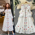Ethnic embroidered tie-waist dress - women's summer long sleeve v-neck a-line maxi dress - elegant & chic