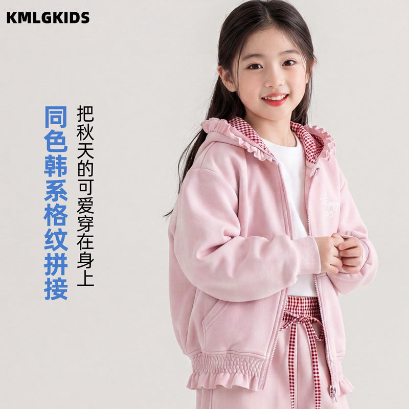 Factory wholesale kids' hooded jacket - spring/autumn girls' casual zip-up hoodie with lace trim and short cardigan top
