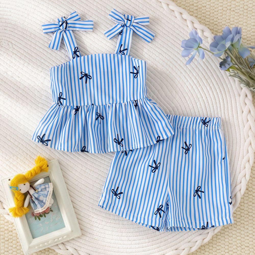 Baby girl blue and white pinstripe bowknot suspender top and shorts summer fresh outfit set