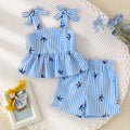 Baby girl blue and white pinstripe bowknot suspender top and shorts summer fresh outfit set