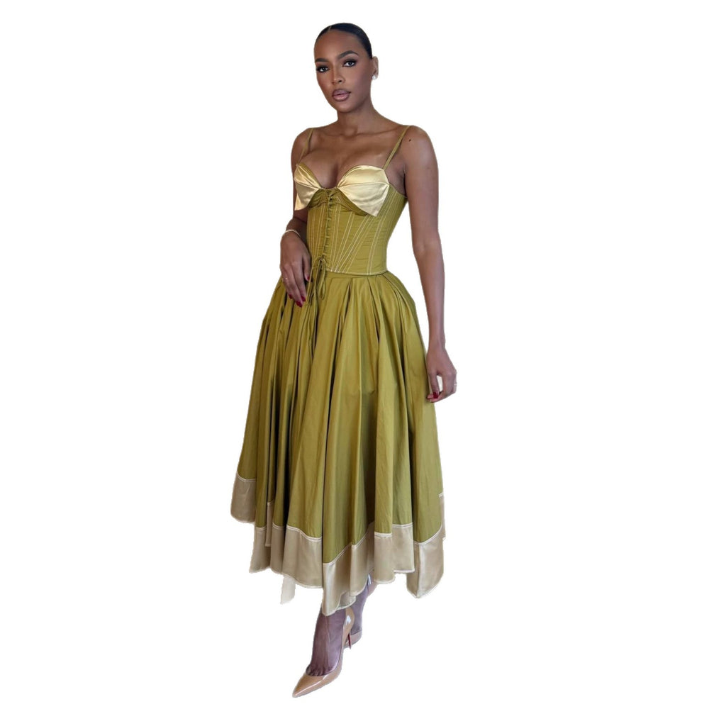 Fashion cross-border women's clothing  summer new arrivaleleganttie back waist suspender tops large swing skirt suit