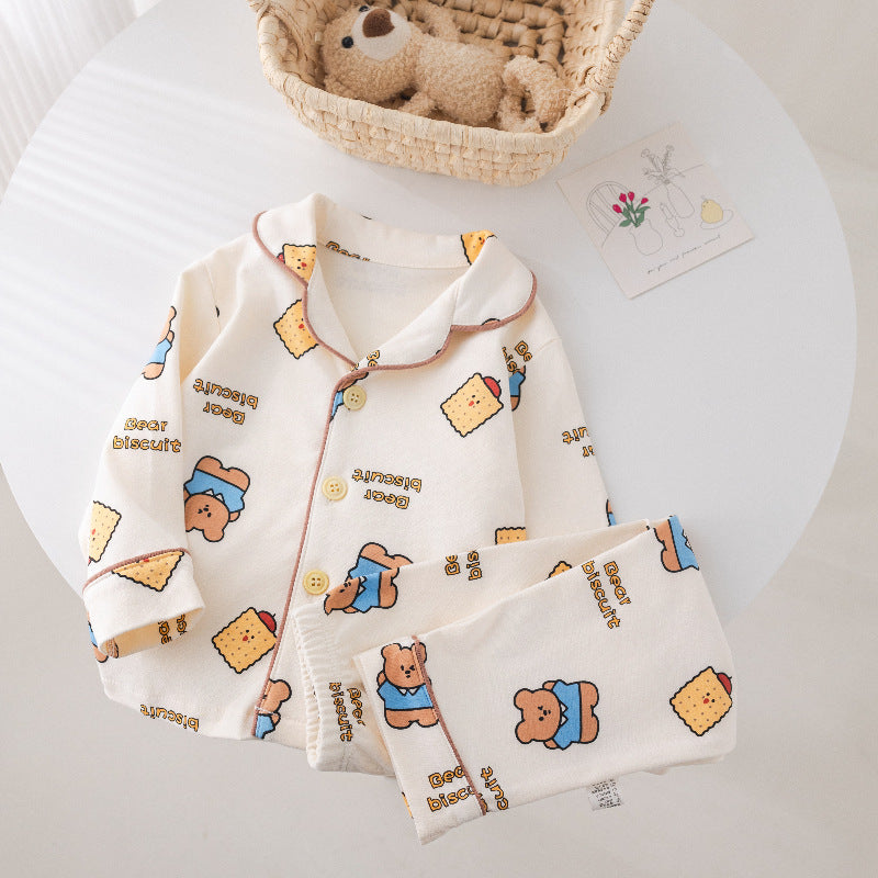 Baby cartoon pajamas, sleepwear, loungewear - stylish korean style, long-sleeved cardigan, pure cotton set, separates for toddlers and young children