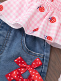 spring/summer new arrival: adorable strawberry print cami top + denim shorts set for girls (cross-border e-commerce)