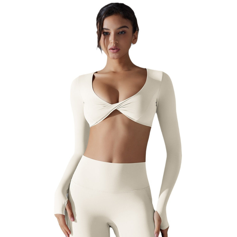 New women's activewear long sleeve top: deep v-neck, slim fit, breathable, trendy cropped yoga top for outdoor workouts
