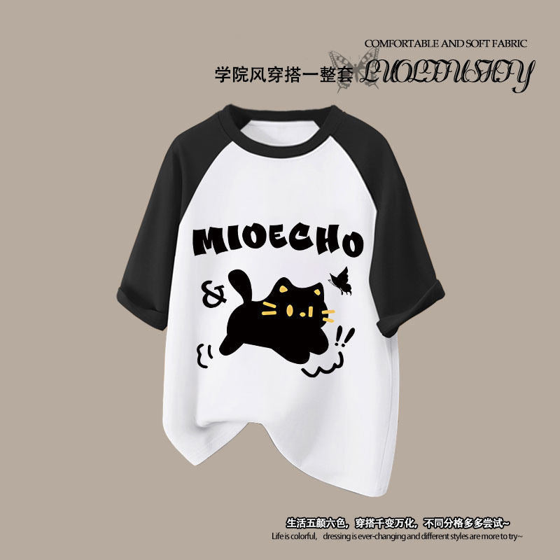 Girls' summer  new cute two-piece set: kitten casual short-sleeve loose-fit plaid pants outfit with cartoon design