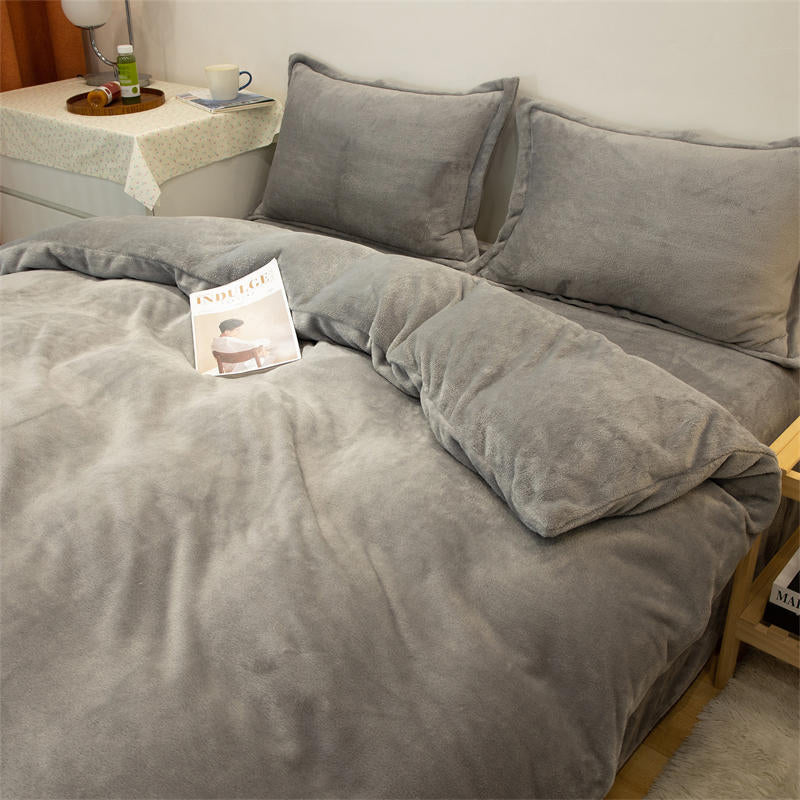 Solid color milk fleece four-piece set, fleece wholesale coral fleece bedding, bed sheet quilt cover, flannel bed three-piece set, winter