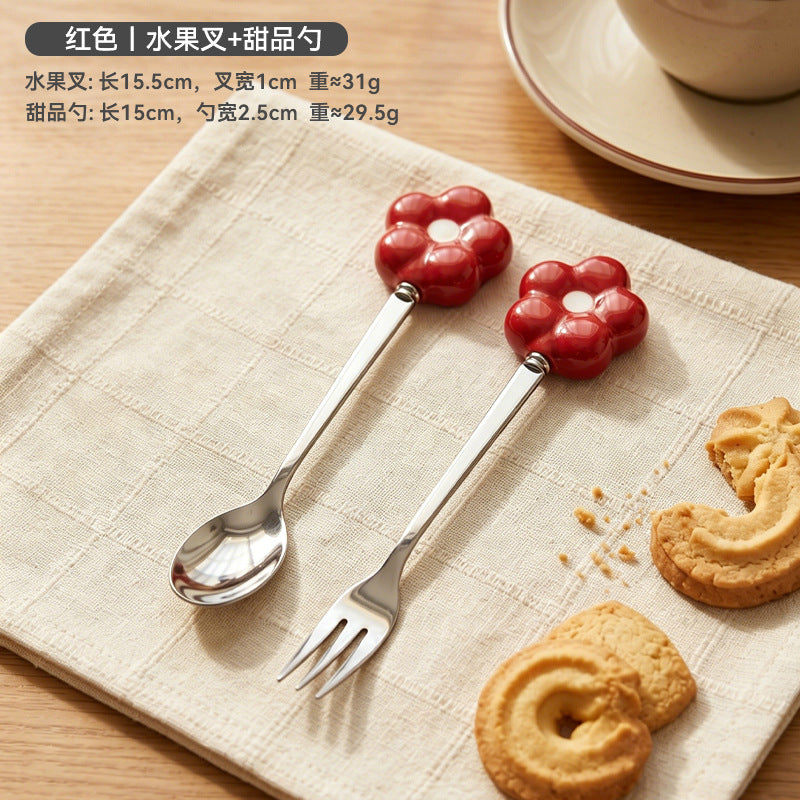Creative sunflower stainless steel fruit fork desktop decoration ornament ceramic handle spoon exquisite afternoon tea fork wholesale