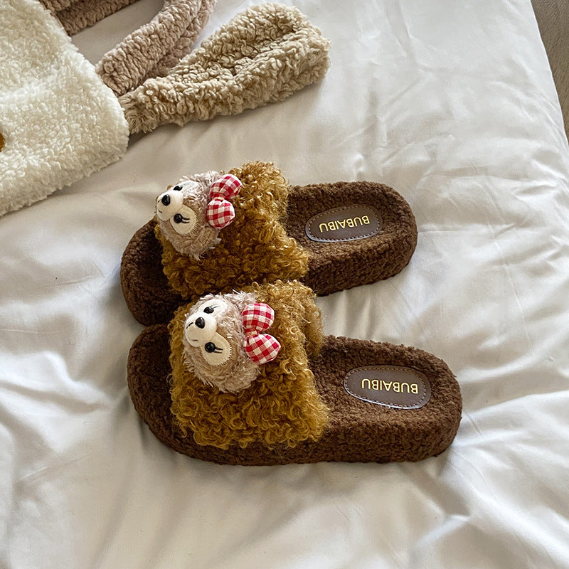 Cute shirley rose curly teddy hair thick cashmere cotton slippers women's fall and winter outwear non-slipheattech open toe cotton