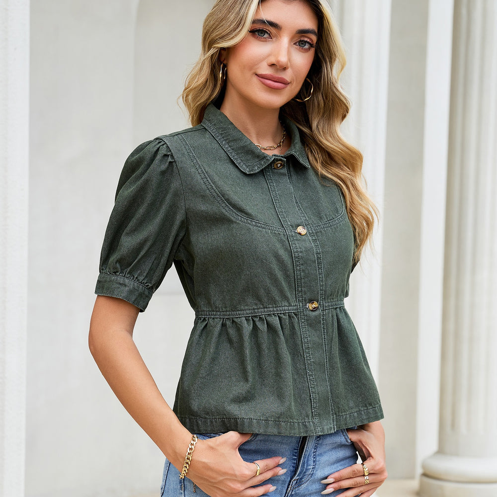Fashion cross-border women's dark blue denim doll shirt tops lapel single-breasted puff sleeves waist rufflesshirt