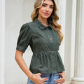 Fashion cross-border women's dark blue denim doll shirt tops lapel single-breasted puff sleeves waist rufflesshirt