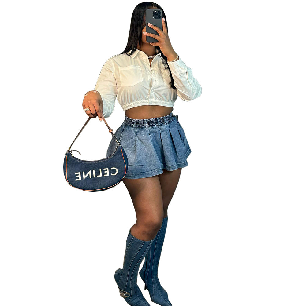 Women's high-waisted denim skirt - european & american cross-border fashion -  summer new arrivals - sexy & spicy girl pleated flared mini skirt