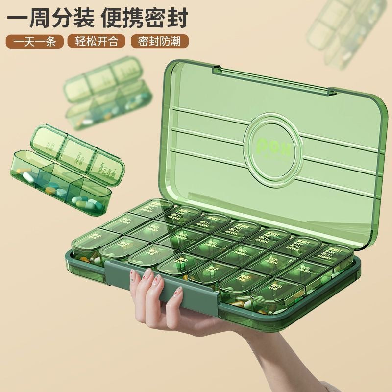 Medicine box, portable portable medicine dispensing box seven days a week, three meals a day dispenser, large-capacity tablet storage box