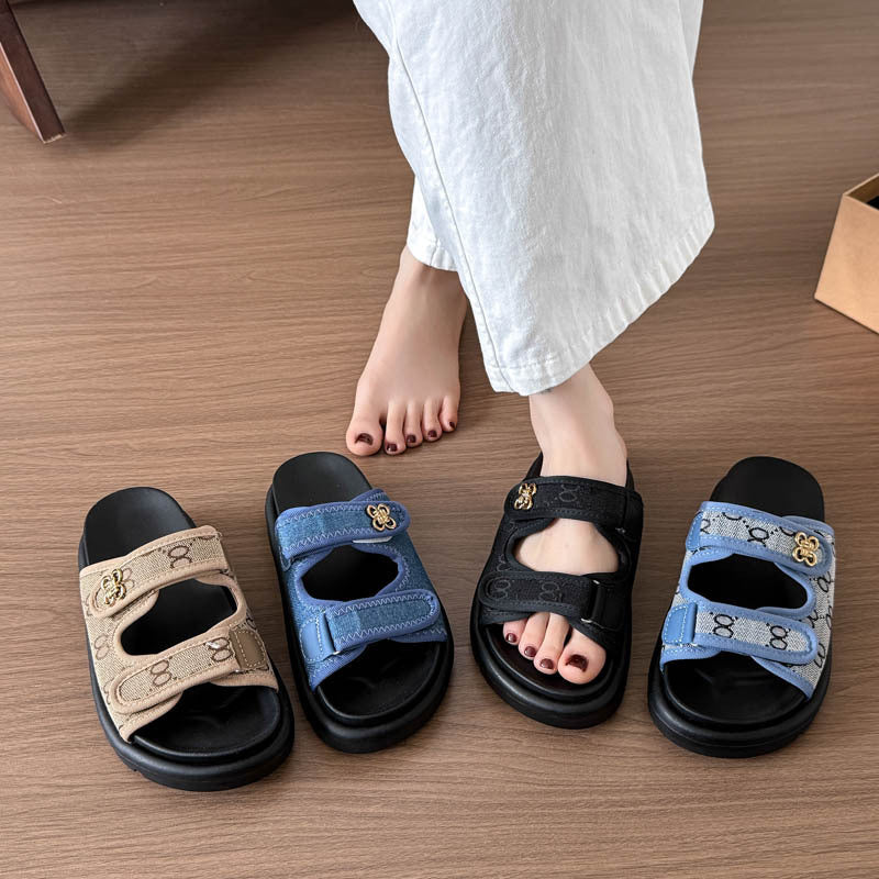 Plus size chunky platform sandals women's  summer denim outerwear velcro print beach flip-flops export