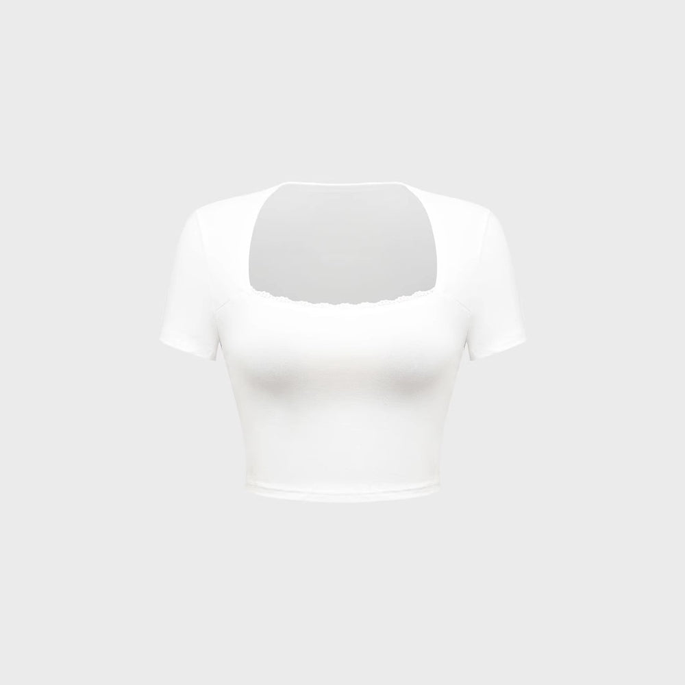 Pre-sale 73322 european and american cross-border lacepatchwork short-sleeved navel-baring tops women's summer slim short square neck t-shirt