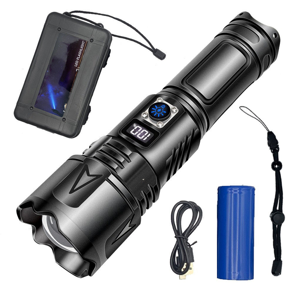 Cross-border white laser long-range flashlight digital display strong light outdoor charging, super bright tactical LED zoom long-range flashlight