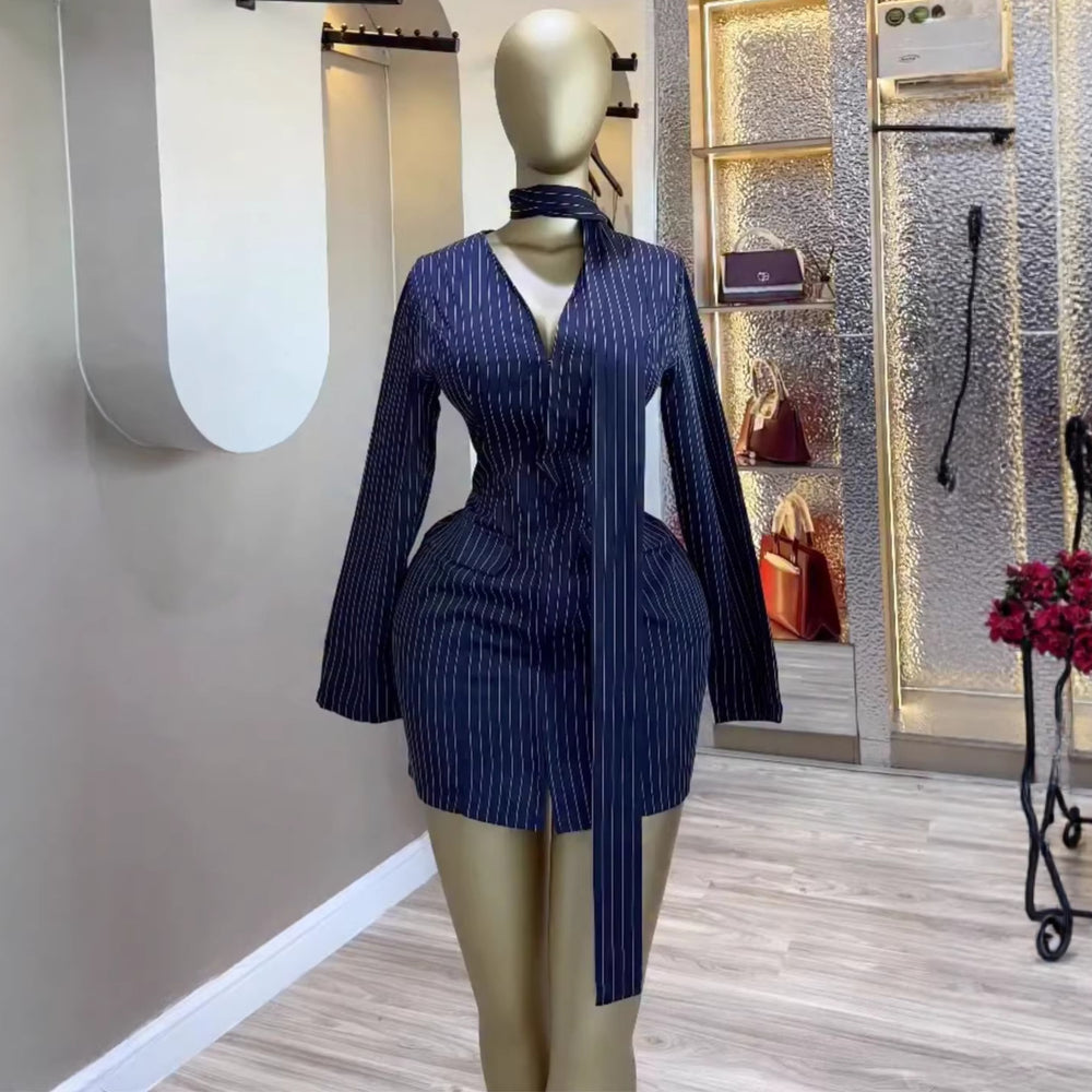 European and american cross-border women's fashion:  summer new arrival - elegant commute v-neck slim-fit halter neck striped dress