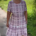 european and american style women's export dress: elegant commute print, round neck, short sleeve, loose fit, slimming, mid-length a-line dress