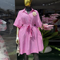 European and american cross-border women's fashion:  spring new arrival - stylish lapel tie-neck pink striped short-sleeve shirt dress