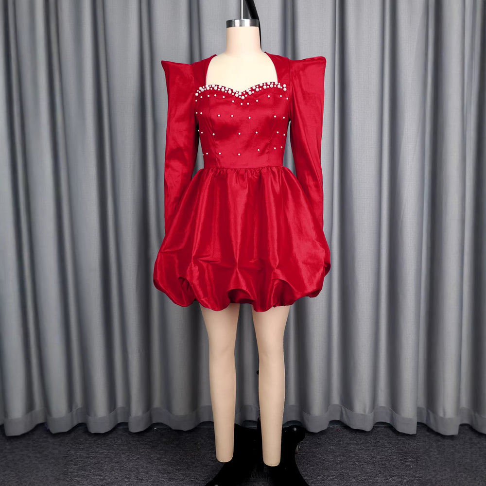 European and american fashion square neck beaded long sleeve party dress - lantern sleeve cinched waist puffy skirt evening gown dress