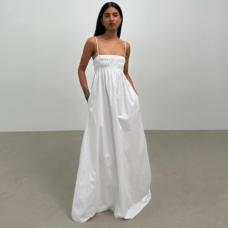 summer new european and american style women's solid color camisole shirred long dress sleeveless casual comfortable dress