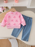 spring/summer newborn & toddler cute crewneck top + bowknot denim pants two-piece set
