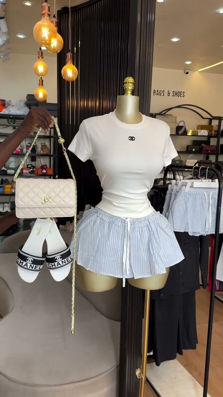 European and american cross-border women's fashion:  summer new arrivals - sweet & chic ruffle-trimmed striped a-line mini skirt with tie detail