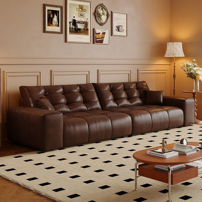 French retro style antique oil wax leather sofa, black bear sofa, modern minimalist living room sectional sofa for small spaces