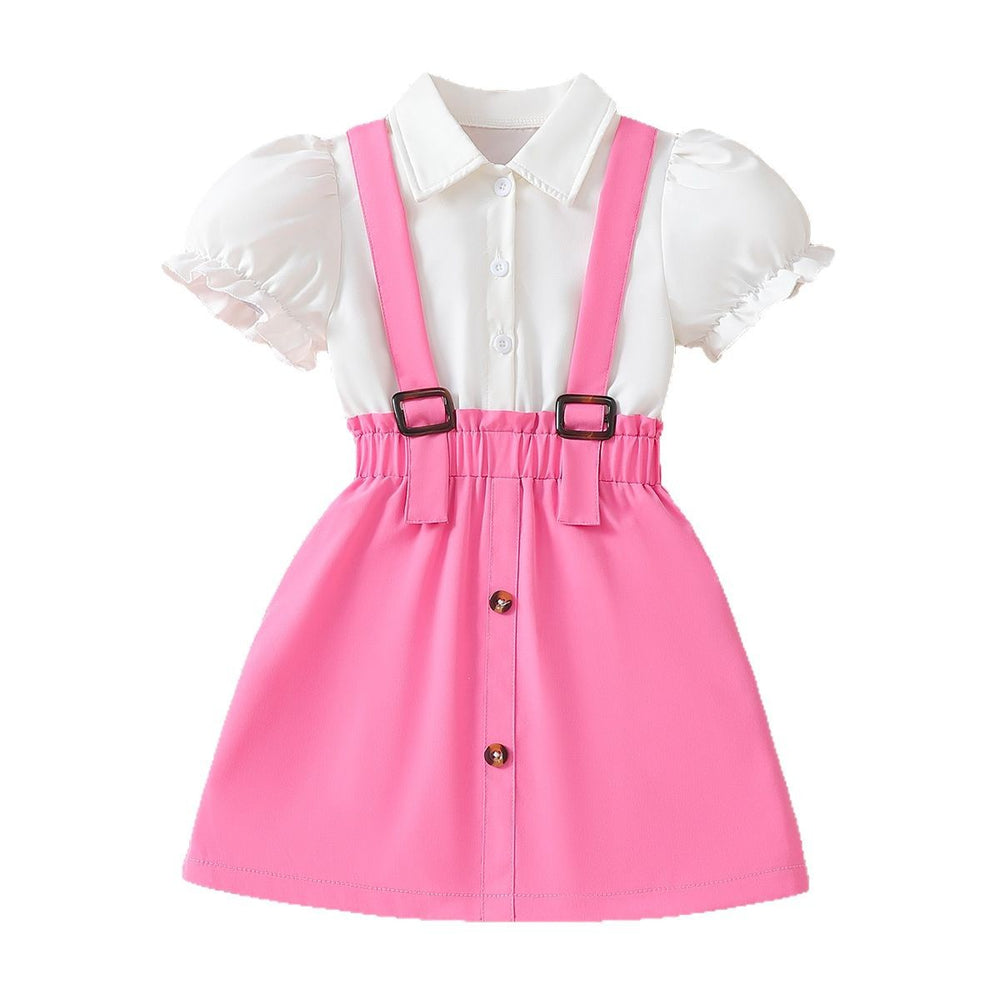 girl fake two-piece dress pink suspender patchwork lantern sleeve white shirt tops cute kids skirt