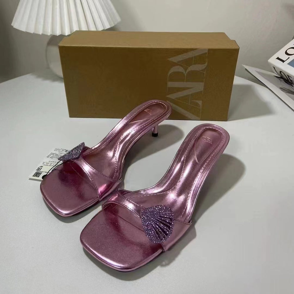 Za new 2024 french summer stiletto heel square toe thong sandals with seashell buckle detail and open back for women