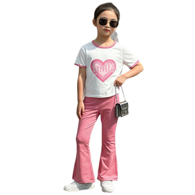 new girls' heart print short sleeve two-piece set - stylish and versatile middle school flare pant girl's outfit - chic and trendy