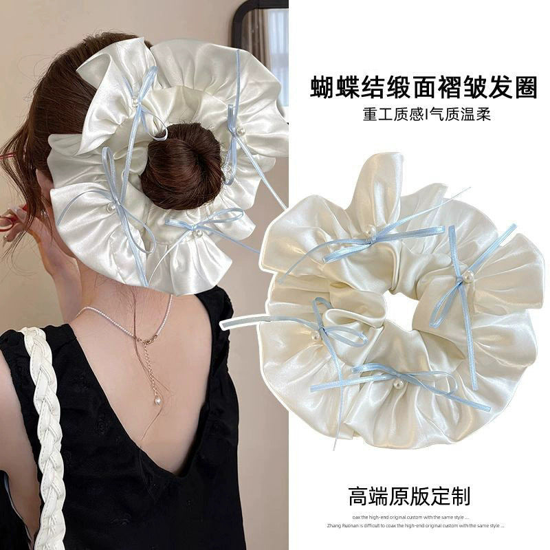 Sweet ballet style satin bow scrunchie - perfect for ponytails, buns, and hair ties