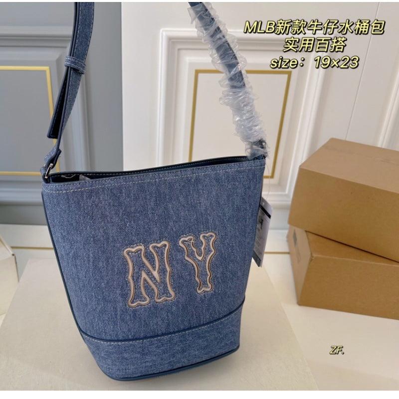 MLB casual retro denim bucket bag fashion letter embroidery portable shoulder women's bag versatile fashion tote bag