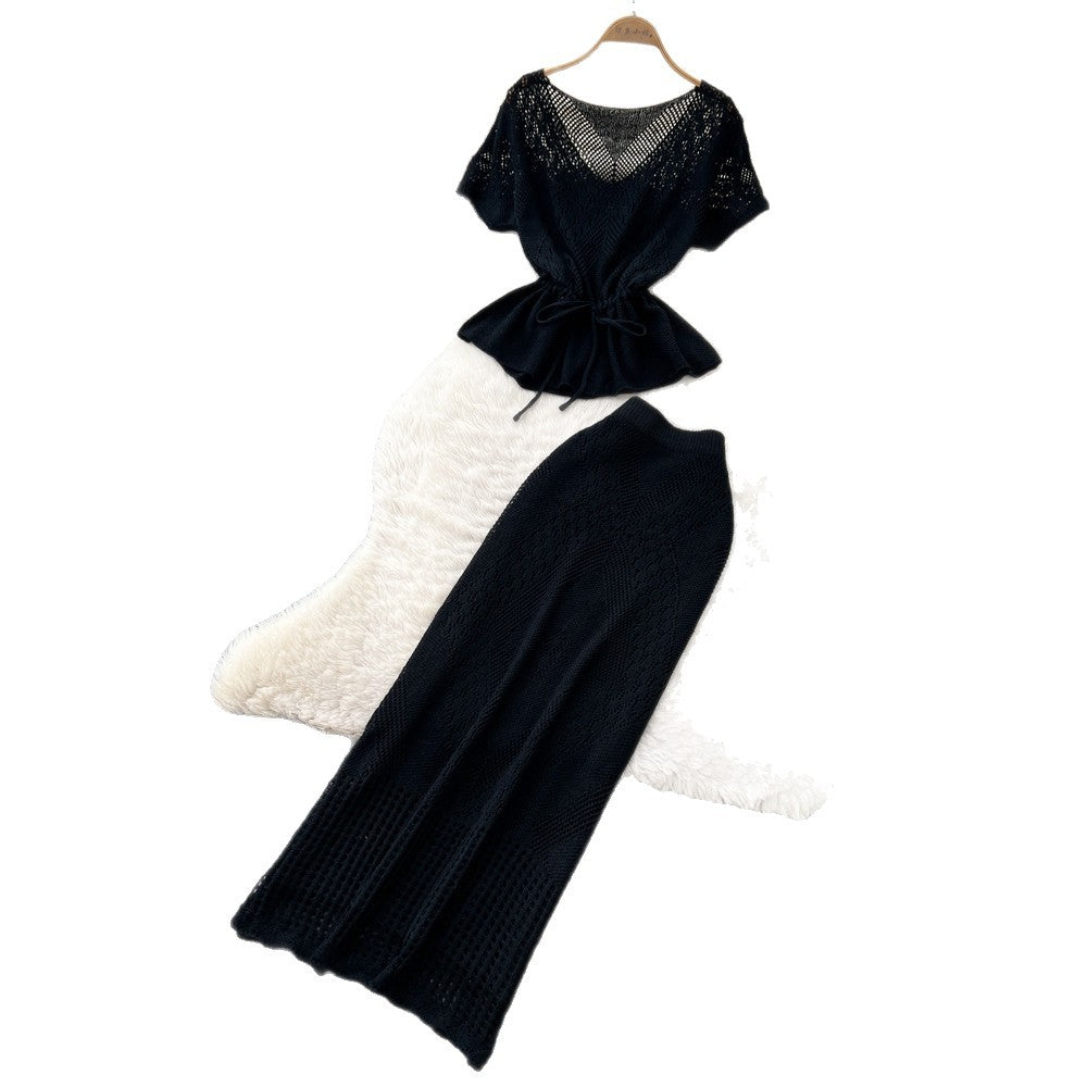 Korean style commute-inspired hollow knit minimalist two-piece set for women - summer v-neck, waist-defining, slimming outfit