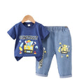 New boys' casual summer outfit set: cartoon elephant excavator print, 100% cotton short-sleeve tee + denim jeans - wholesale