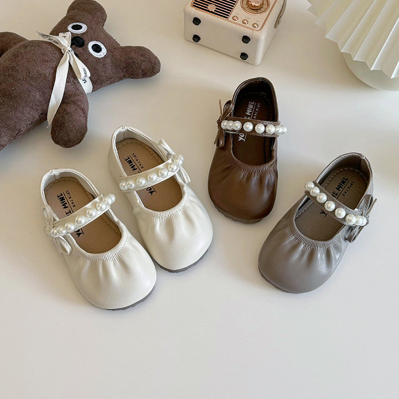 Korean version of girls' small leather shoes, spring and autumn 2025 new soft-soled children's pearl princess shoes, retro Mary Jane single shoes
