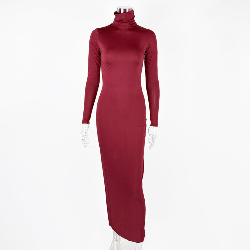 Europe and the United States  2025 winter independent station new women's fashion solid color slim-fitting turtleneck long-sleeved primer dress