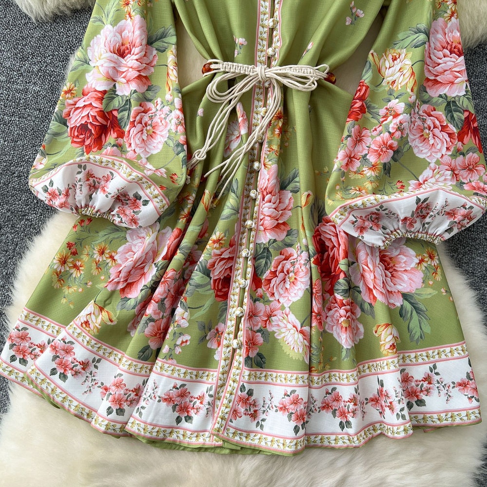 High-end elegancedress women's autumn clothing fashionretro palace stand collar lantern sleeve printing waist slimming look a-line skirt