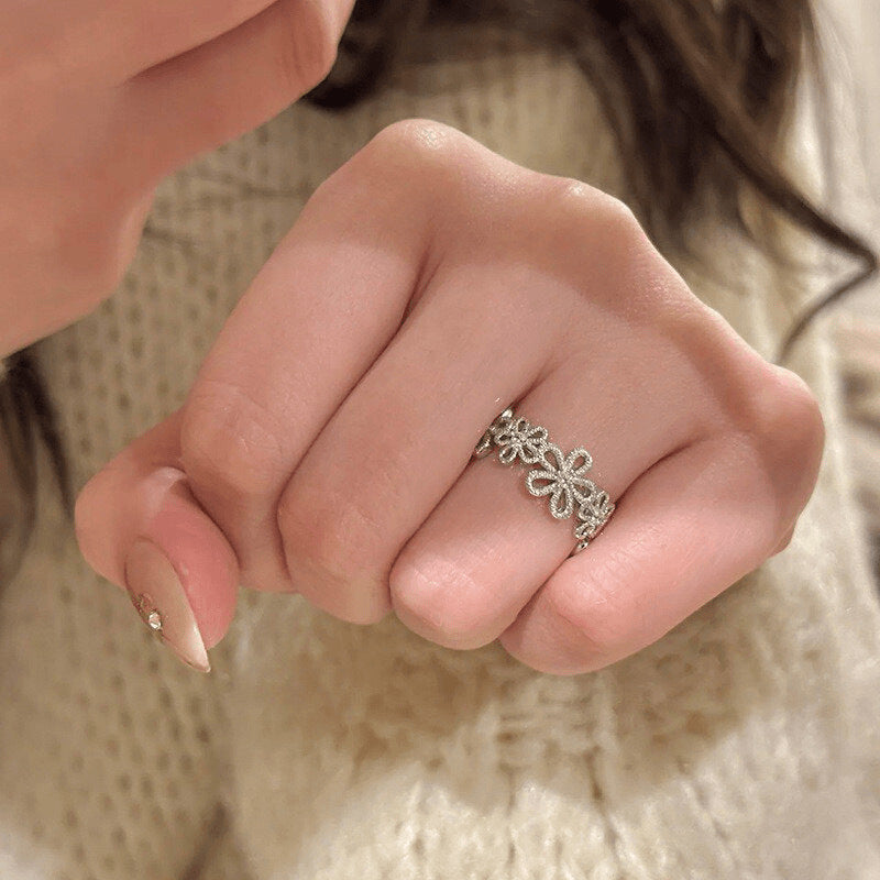 Lace garland sweet silver wide band flower rhinestone ring - unique design, affordable luxury, index finger ring, new 2026 collection