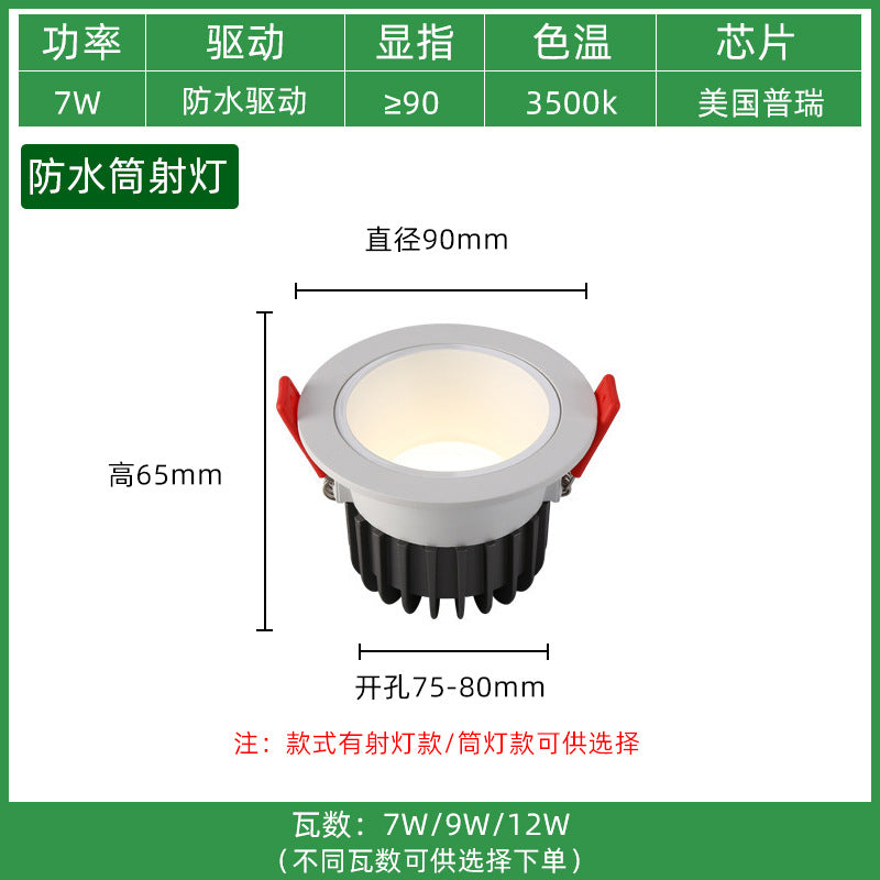 Three pine LED spotlight waterproof downlight bathroom bathroom kitchen bathhouse hotel embedded anti-glare ceiling light