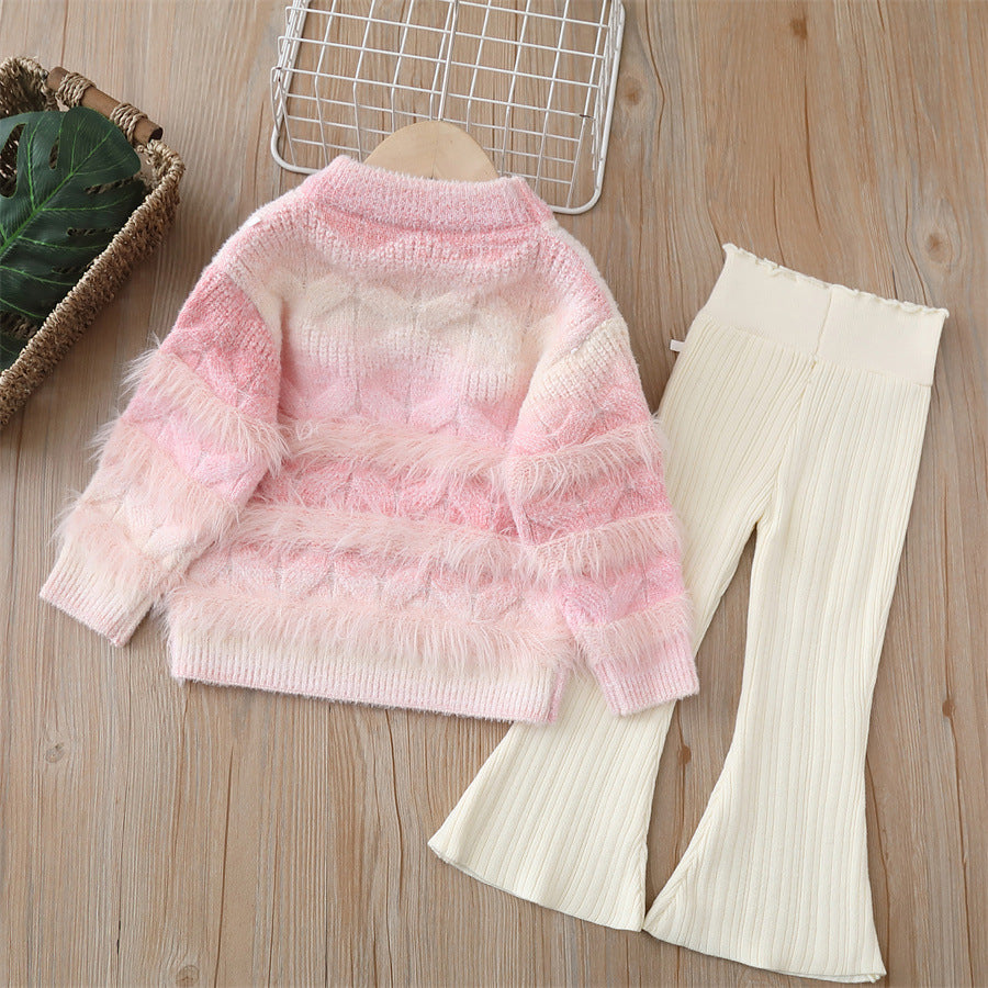 Girls' knitted sweater two-piece set - new autumn/winter  collection - thick, fuzzy, adorable pants set for baby girls