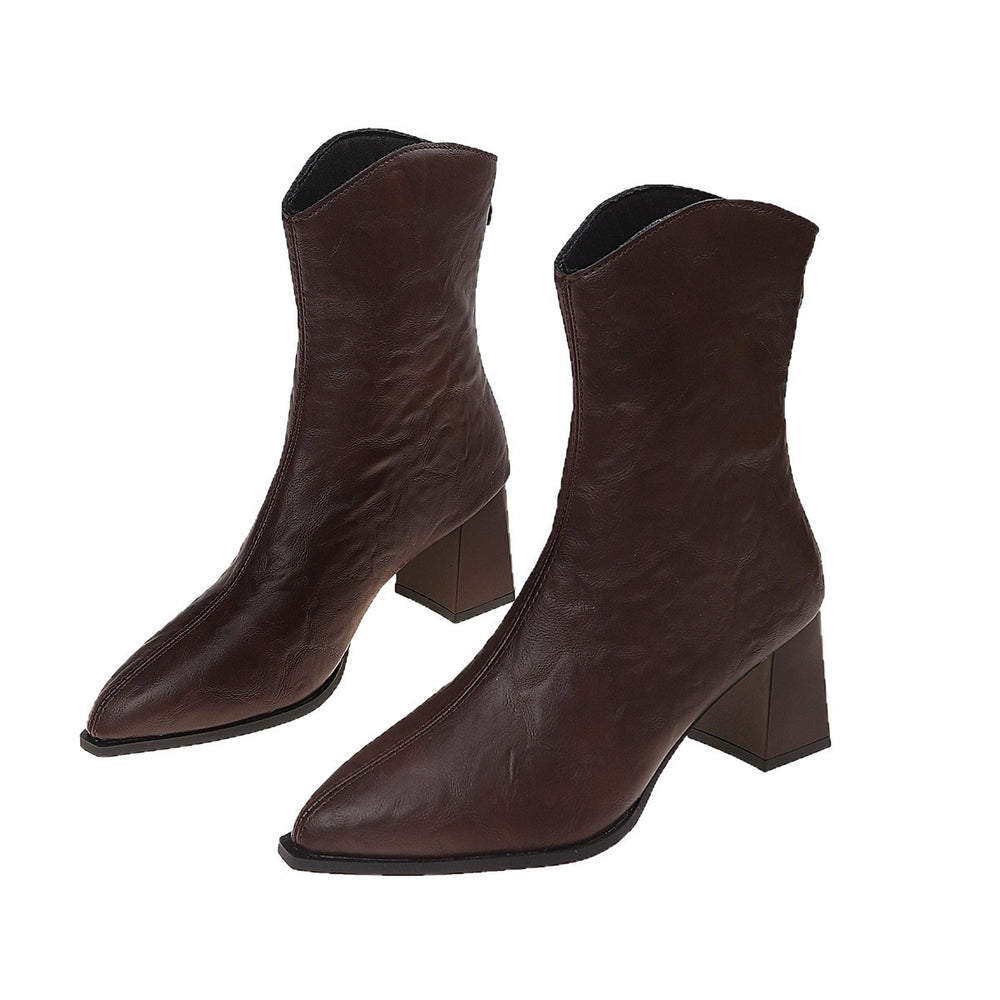 fall/winter new pointed-toe v-cut retro slim boots chunky heel ruched western plus size fashion ankle boots for women