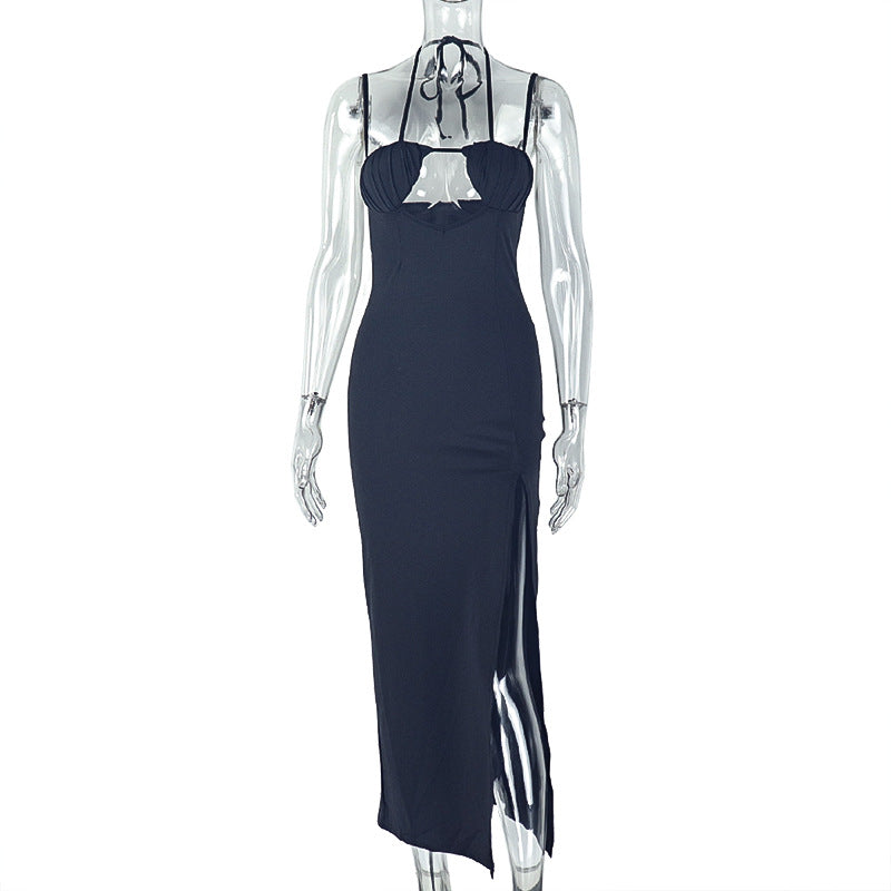 Fashion styleexportcut outpure color hip-covering slit asymmetrical skirt silmbacklesshalterlongdress women's clothing trend