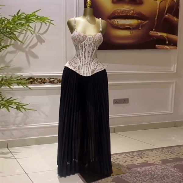 European and American  women's clothing 2025 summer new temperament slim lace sleeveless top pleated trousers fashion suit