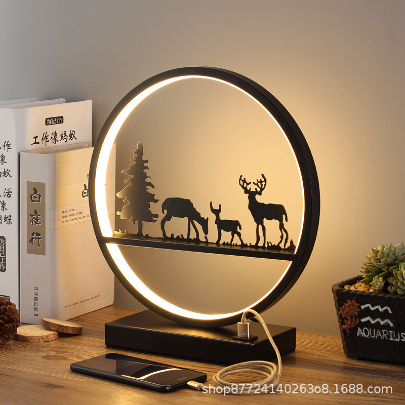 Minimalist modern nordic table lamp - bedside night light with round reindeer design, touch & remote control, usb charging port