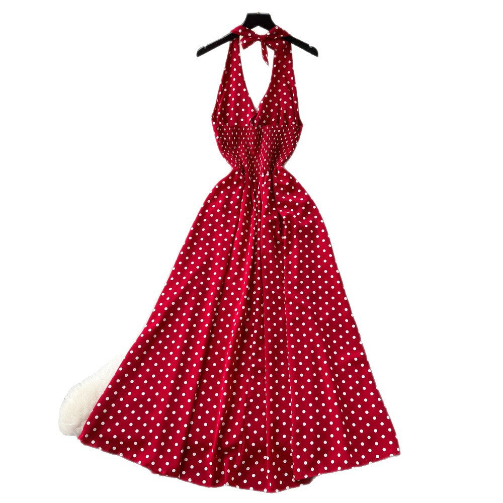 French halter polka dot sexy backless dress women's summer red deep v neck waist elegant vacation style long dress