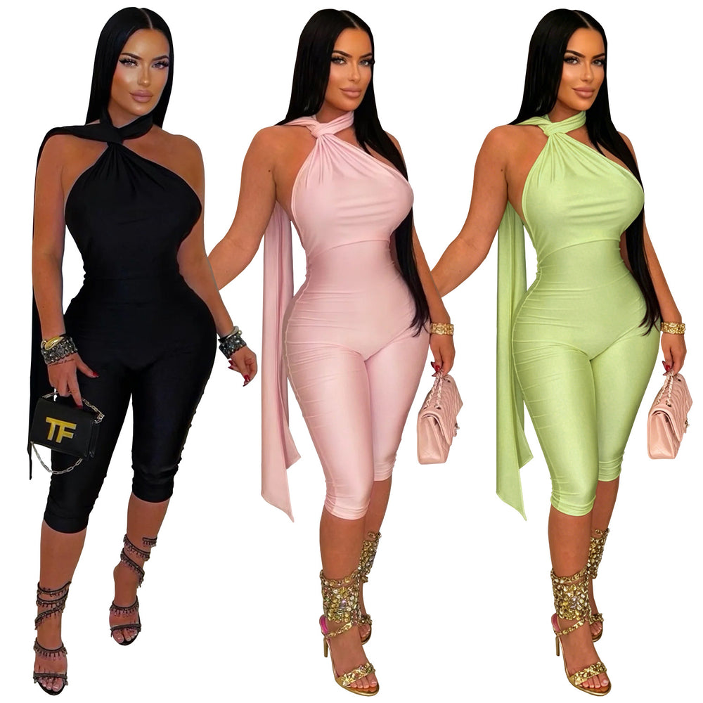C7719 cross-border   fashion women's sexy casual solid color open-back jumpsuit