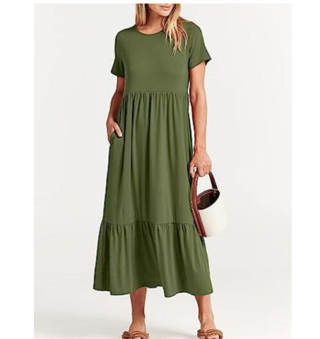 Spot 2024 new women's clothing   explosion temperament round neck pleated solid color pendulum dress