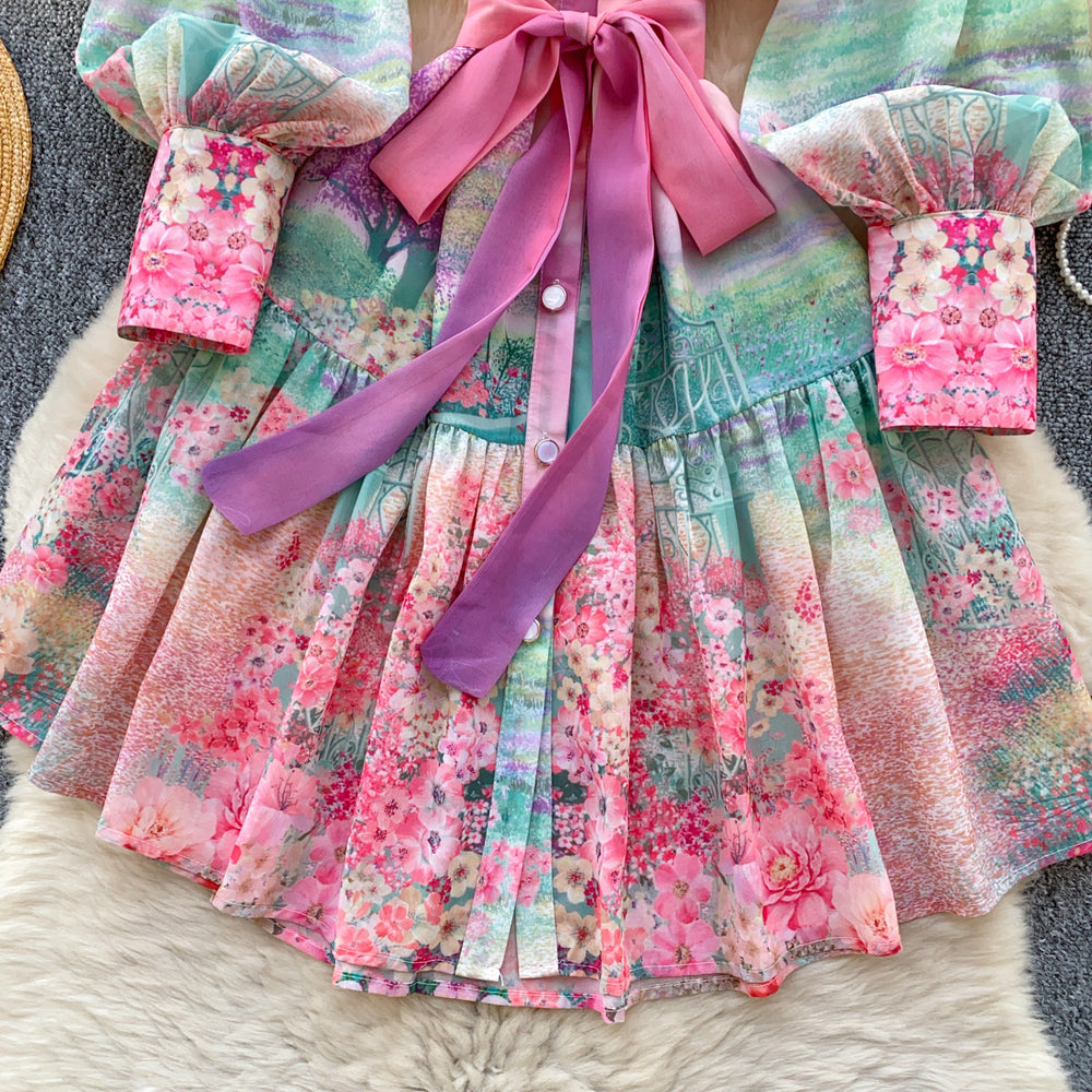 spring new women's dress - european & american style elegant stand collar lantern sleeve cinched waist printed ruffle hem mini dress